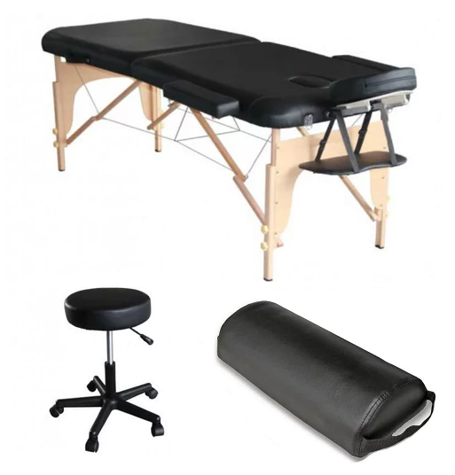 Pack Mediprem  Eco Pro Noire : Votre table de massage pliante en bois Mediprem avec tabouret et coussin de massage