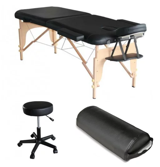 Pack Mediprem  Eco Pro Noire : votre table de massage pliante en bois Mediprem avec tabouret et coussin de massage