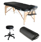 Pack Mediprem  Eco Pro Noire : votre table de massage pliante en bois Mediprem avec tabouret et coussin de massage