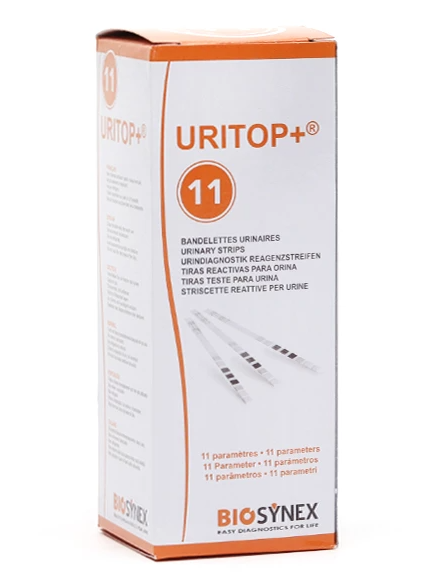 Boîte de 100 bandelettes URITOP®+7 (Glucose, Protéine, pH, Sang, Nitrite,  Densité, Leucocytes)
