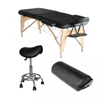 Pack Mediprem  Eco Pro Noire : Votre table de massage pliante en bois Mediprem avec tabouret et coussin de massage