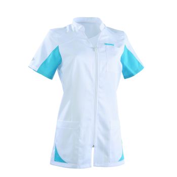 Tunique médicale femme SANDRINE Col Officier Clemix 2.0 Blanc / Turquoise