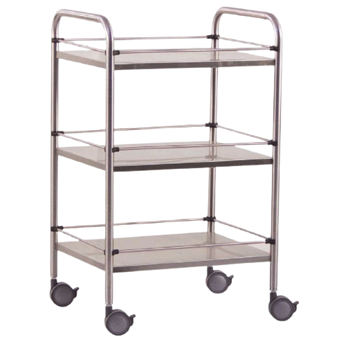 Guéridon, inox, 60 x 40 x 80 cm, 3 plateaux avec galeries amovibles