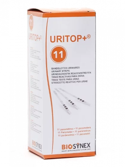 Boîte de 100 bandelettes URITOP+11 (Glucose, Protéine, pH, Sang, Nitrite, Densité, Leucocytes, corps cétonique, bilirubine, acide ascorbique, urobilinogène)