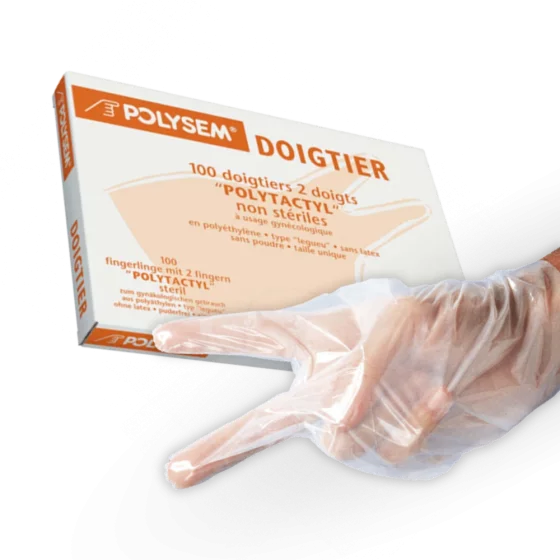 Boite de 100 doigtiers 2 doigts polyéthylène non poudrés non stériles Polyactyl