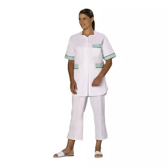 Tunique médicale femme Tivry blanc parement aqua passepoil aqua Mulliez