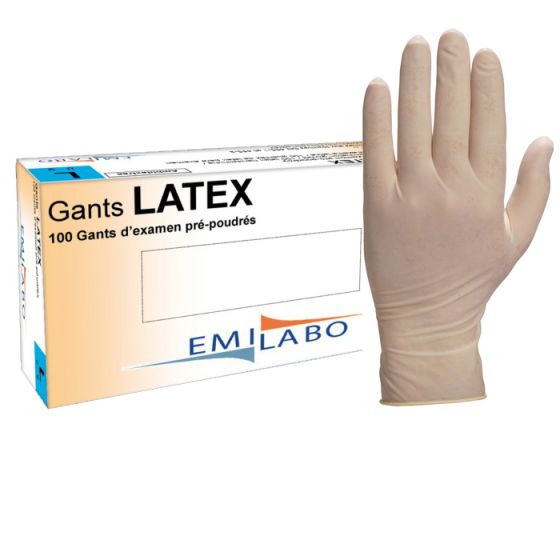 EMILABO Gants D'Examen Latex Pré-Poudrés Taille M (7-8) – Boîte De 100 – Qualité Professionnelle