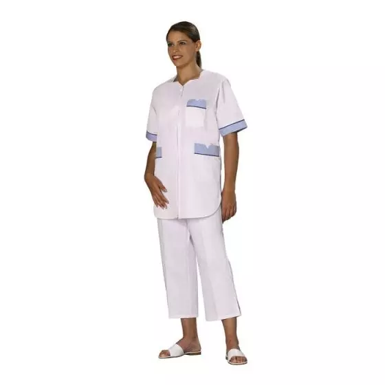 Tunique médicale femme Tivry blanc parement bleu passepoil bleu Mulliez
