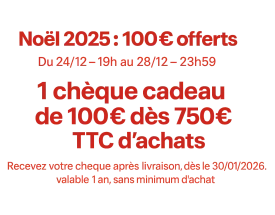 Chèque cadeau de 100€ pour 750€ d'achats TTC - valable 1 an - réception à partir du 30/01/2026